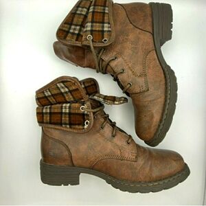 BOC Brown Lace up Fold Over Plaid Lined Boots